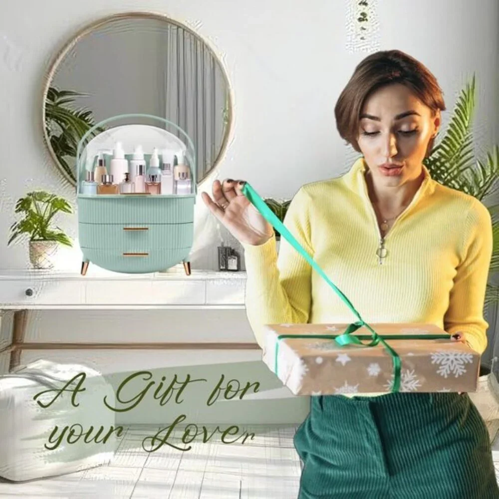 New Light Green Makeup Organizer, Vanity Storage with Lid & Drawers for Skincare